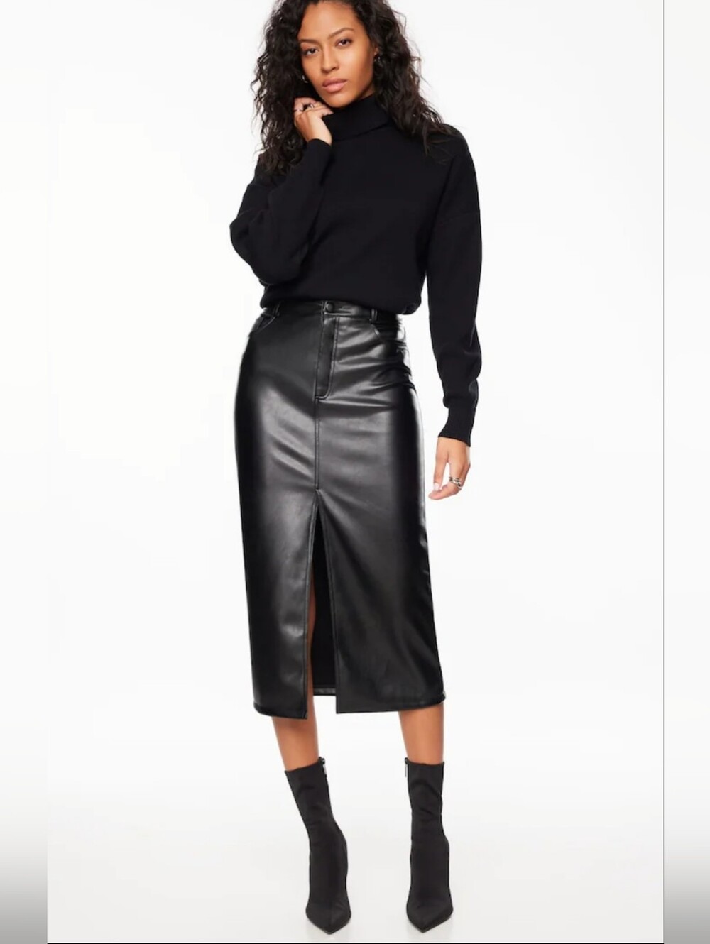 Dynamite Black Gigi Faux Leather Midi Pencil Skirt With Slit, EUC, SP